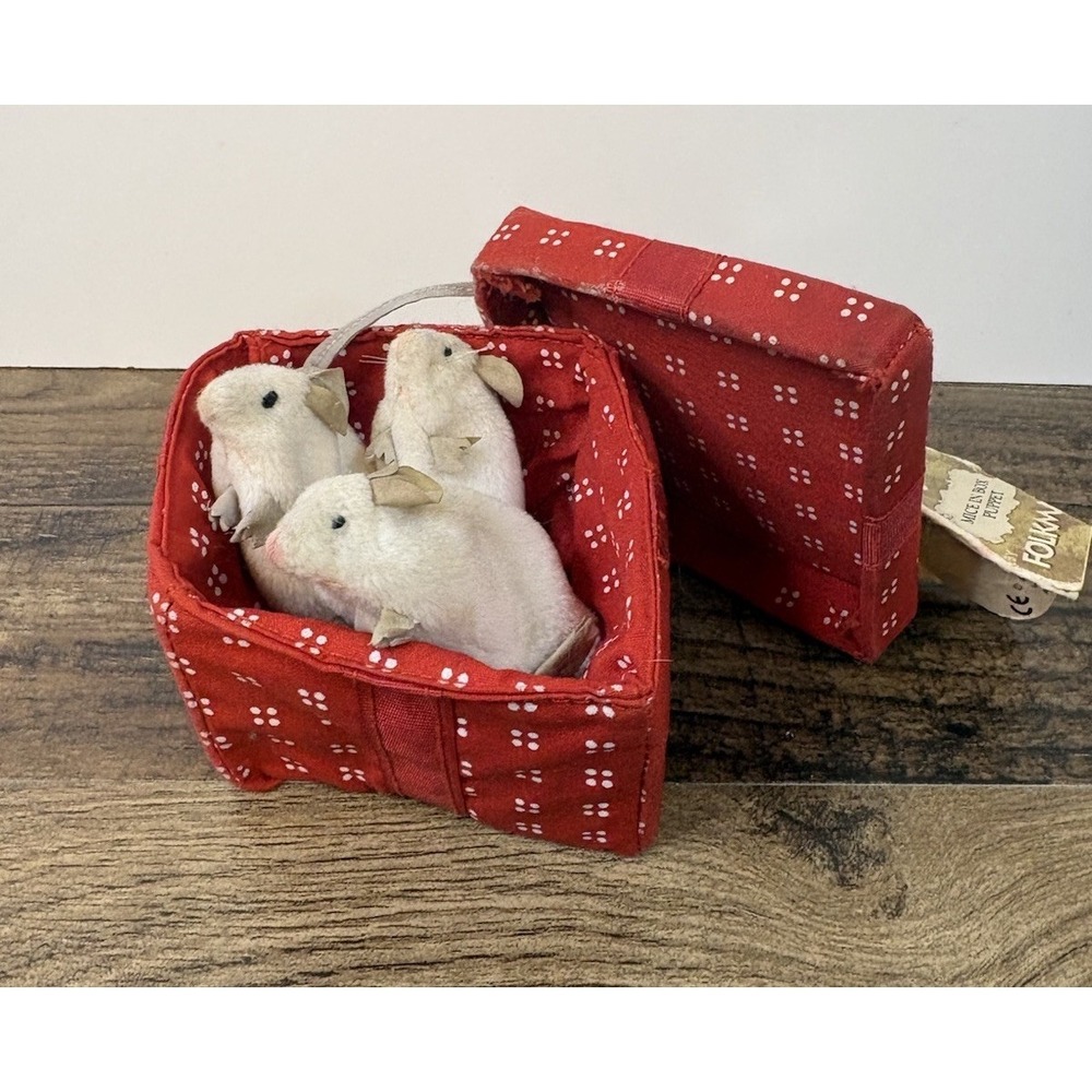 Folkmanis Finger Puppets 3 White Mice In a Red Gift Box Mouse Tags